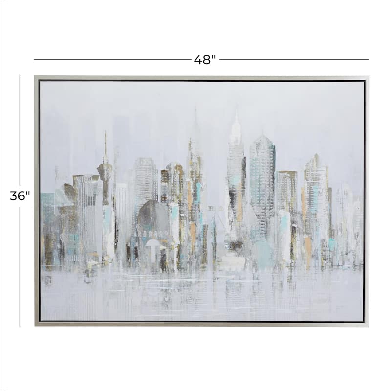 Canvas City Buildings Living Room Framed Wall Art with Silver Frame - Gray - Roche River Decor