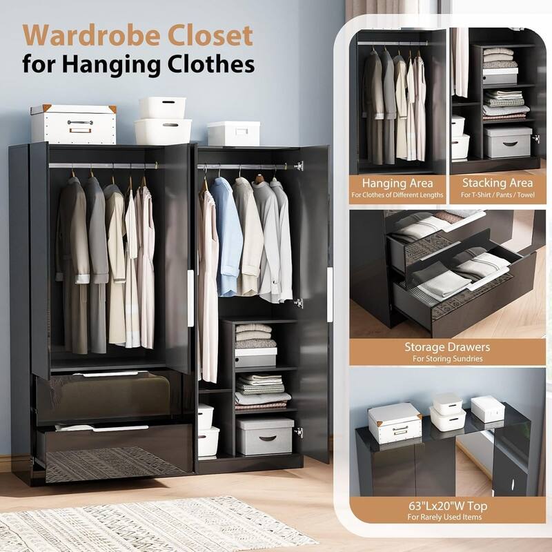 Armoire 4 Doors 2 Drawers with Full-length Mirror Door with High Gloss Paint