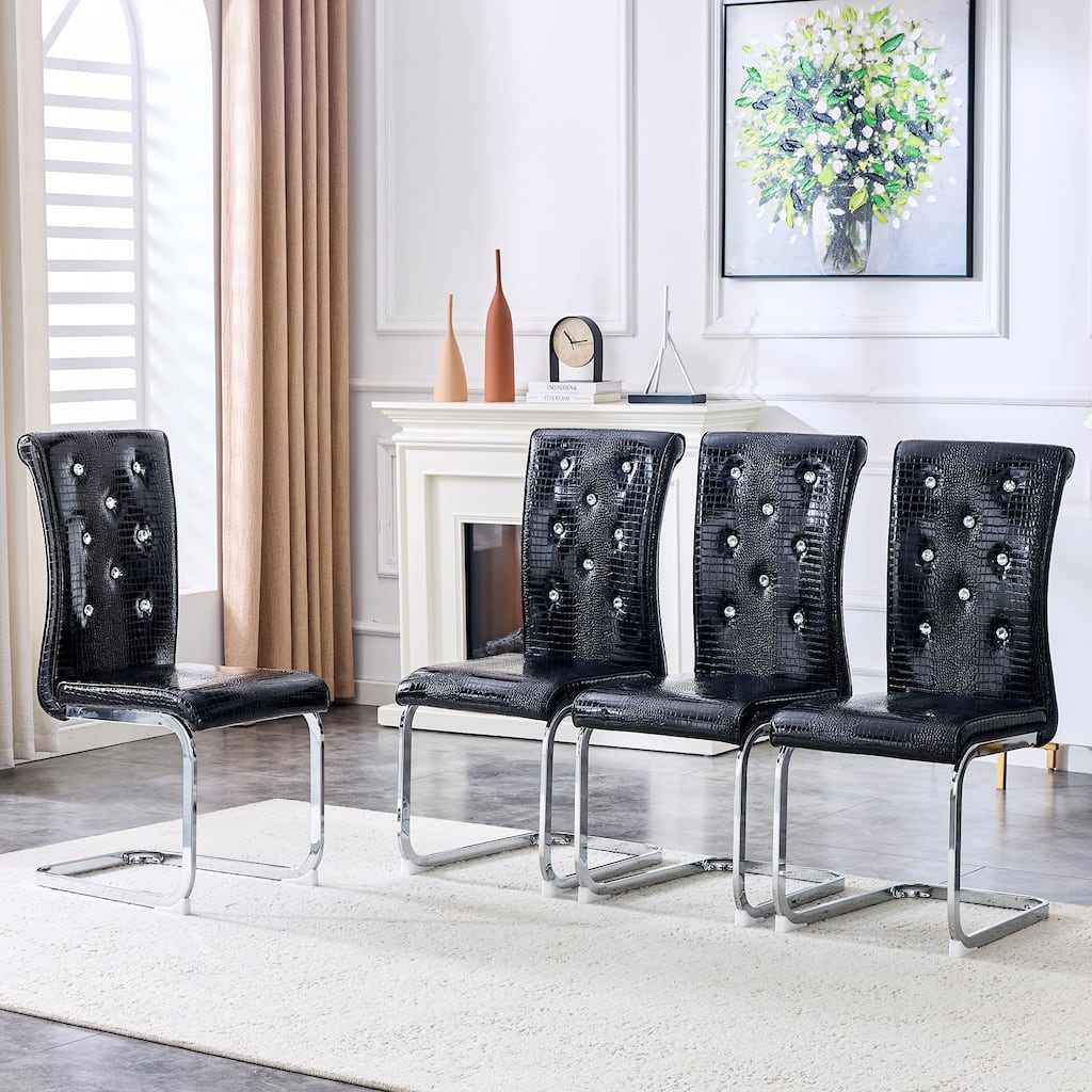 Set of 4, Retro Faux Alligator Skin Upholstered Dining Chairs, with Crystal Buckle Design and Faux Leather Design