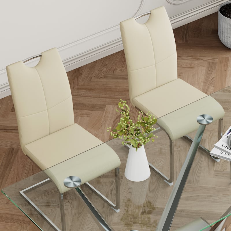 63" Glass Dining Table Set for 4, 5 Piece Dining Table and Chairs Set, Rectangular Table with 4 Faux Leather Chairs & Metal Legs