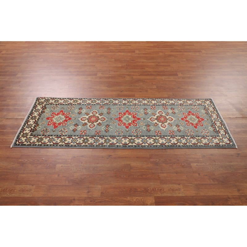 Gray Geometric Kazak Oriental Runner Rug Hand-Knotted Wool Carpet - 2'2" x 6'0"