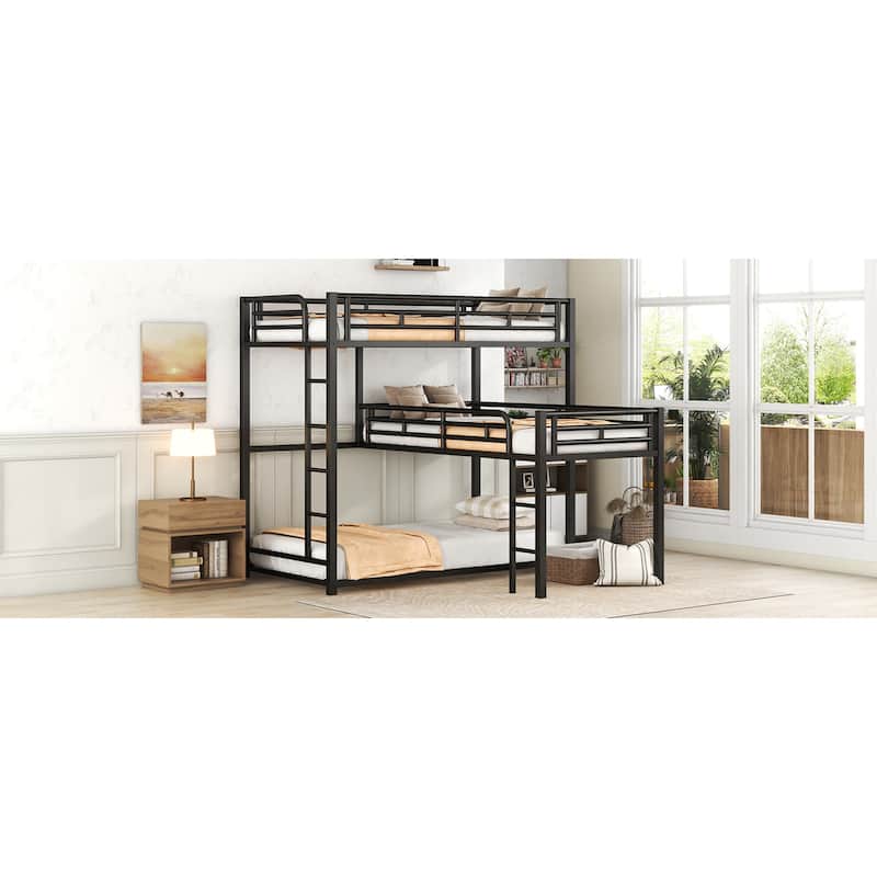 Roomfitters L-Shaped Metal Triple Twin Bunk Bed with Desk and Shelf, Black