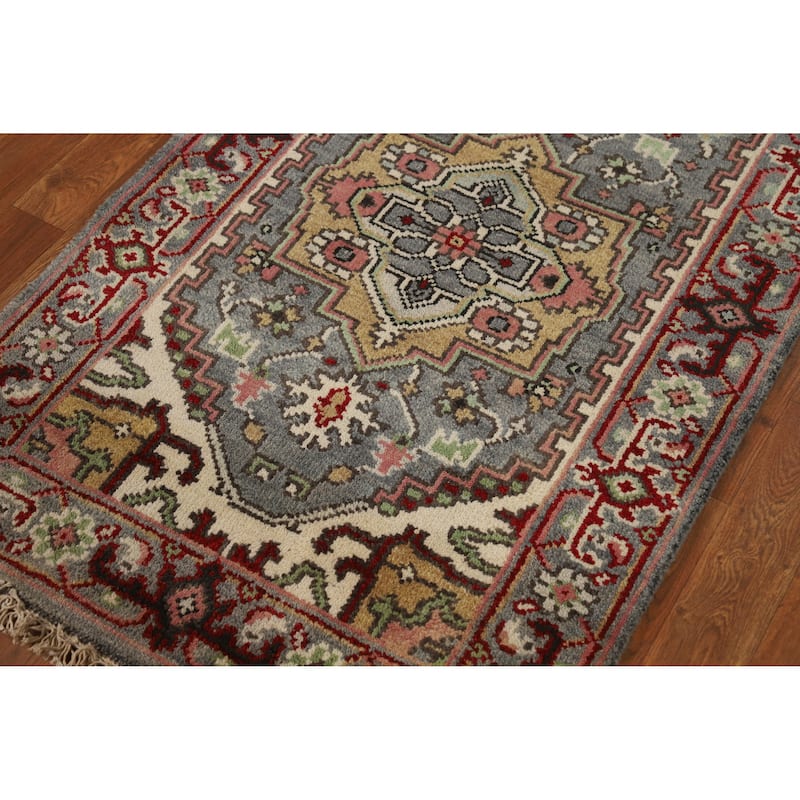 Hand Knotted Oriental 100% Wool Carpet Traditional Geometric Greys & Charcoal Heriz (serapi) Runner Rug - 7' 11'' X 2' 7''