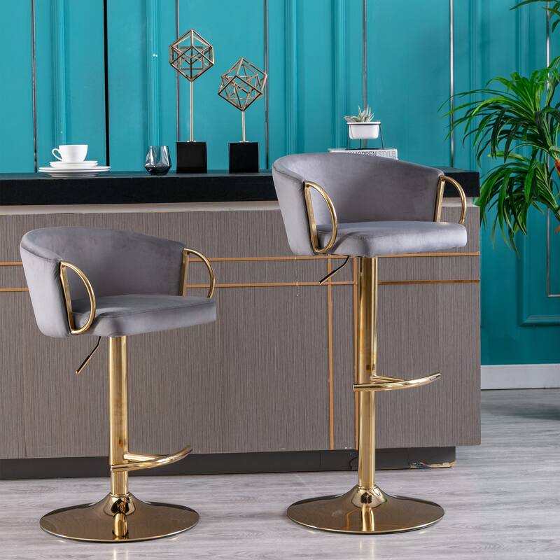 Set of 2 Adjustable Swivel Bar Stools, Grey Velvet with Chrome Footrest & Gold Legs