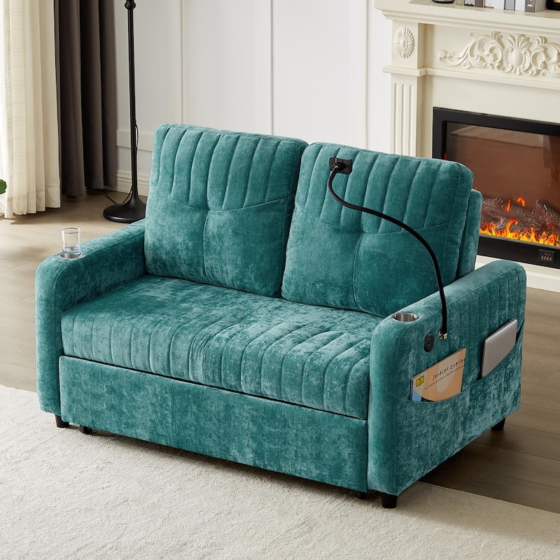 Multi-Functional Sleeper Sofa Pull-Out Loveseat with USB Charging, Sofa Bed with Adjustable Backrest and Storage Pockets