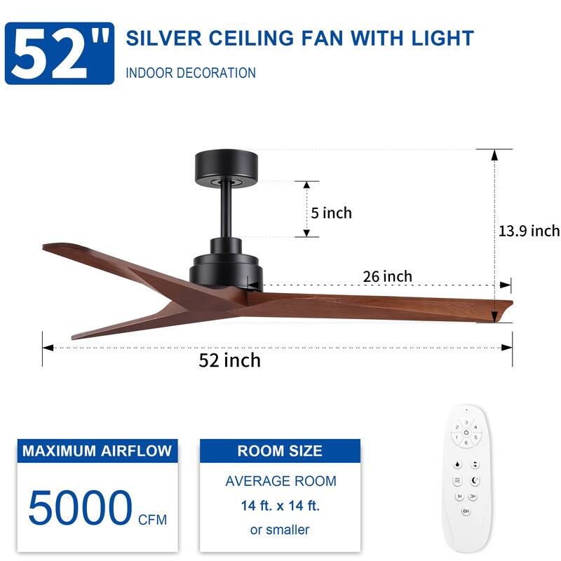 52" Lowe Profile Black Ceiling Fan without Light, Remote Control