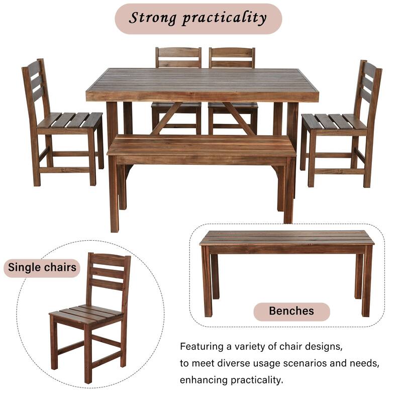 Premium Acacia Wood 6-Piece Outdoor Dining Set, Table, Bench & Chairs, Weather-Resistant Patio Furniture