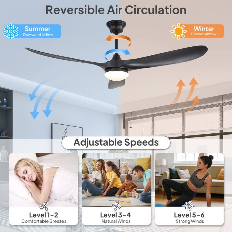 Sofucor 60"Ceiling Fan with Light and Remote Control,Outdoor/Indoor High CFM Quiet 3 ABS Blades for Patio,Porch,Farmhouse,Gazebo