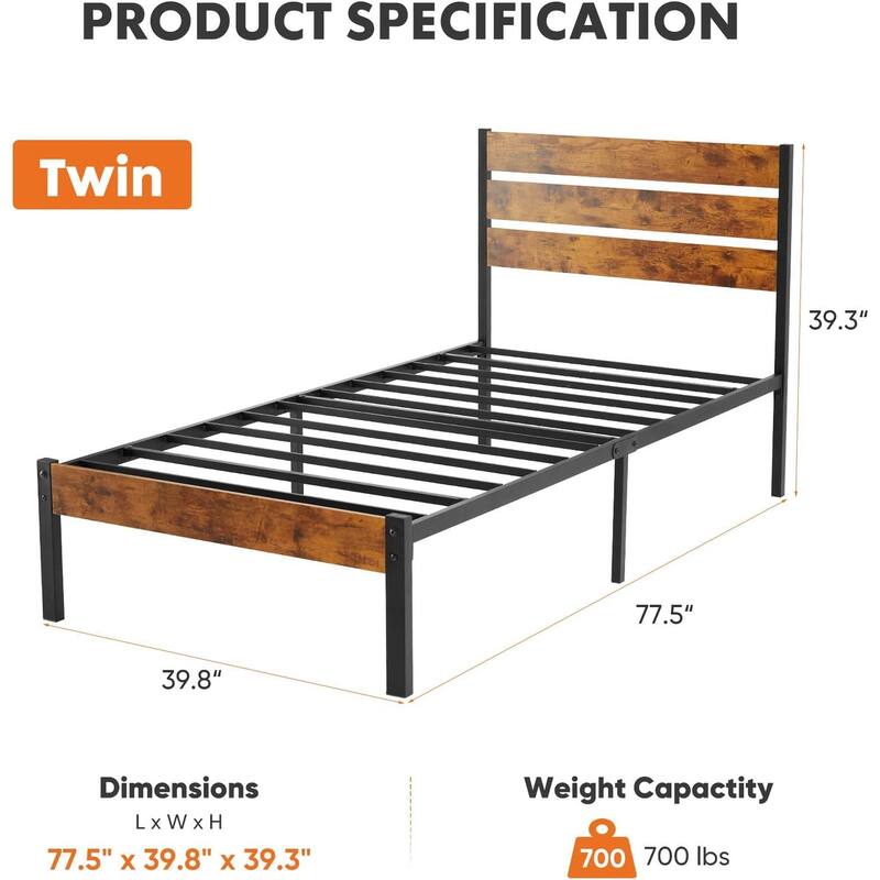 Twin Size Metal Platform Bed Frame with Headboard and and Footboard, No Box Spring Needed Sturdy Wooden Slats Support