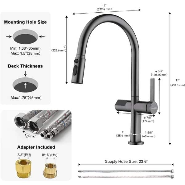 dimension image slide 3 of 5, Lefton Touchless Pull-Out Kitchen Faucet, Hands Free Motion Sensor Activated, Battery-Free Temperature Display, KF2206