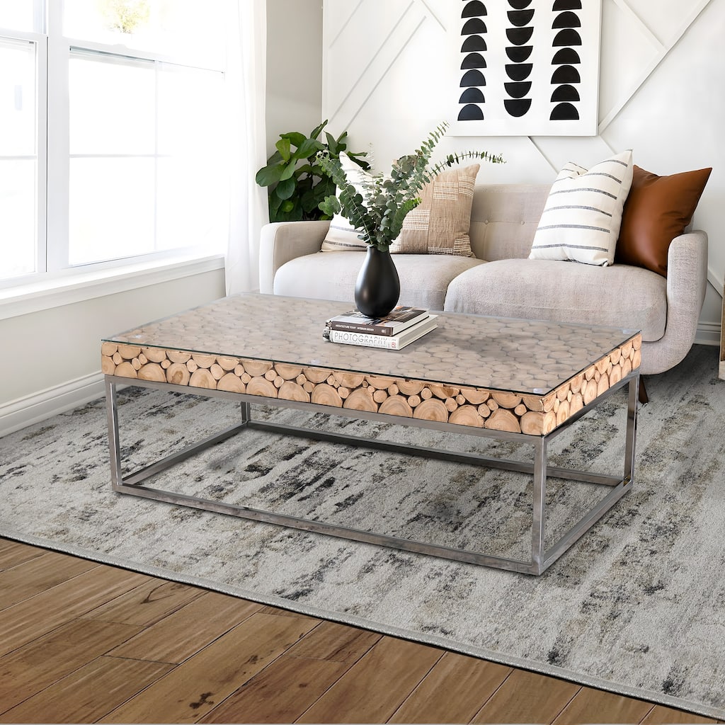 Casual Elements Branch Teak Wood And Stainless Steal Base Coffee Table With Glass Top