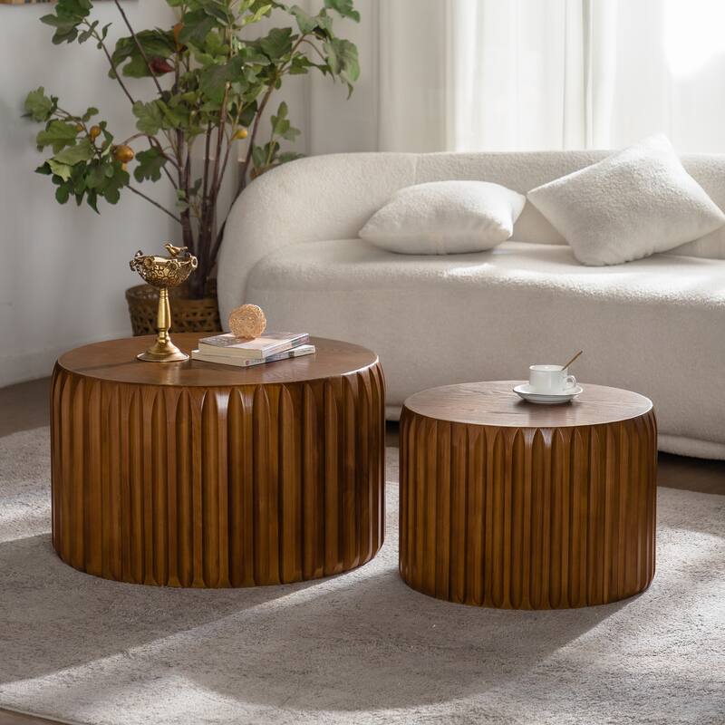 Set of 2 Fluted Round Coffee Table - Solid Wood & MDF Nesting Center Table (26.77"/19.69") - Walnut