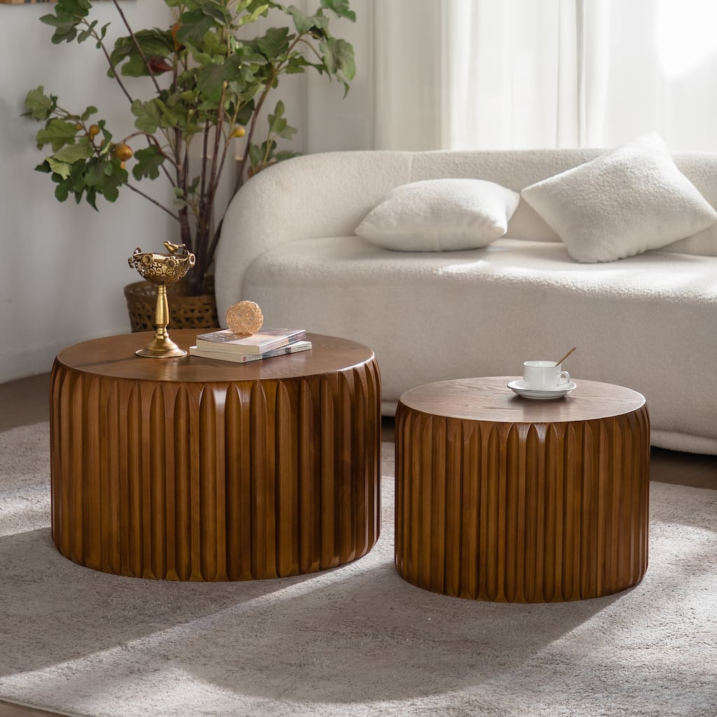 Set of 2 Fluted Round Coffee Table - Solid Wood & MDF Nesting Center Table (26.77"/19.69")