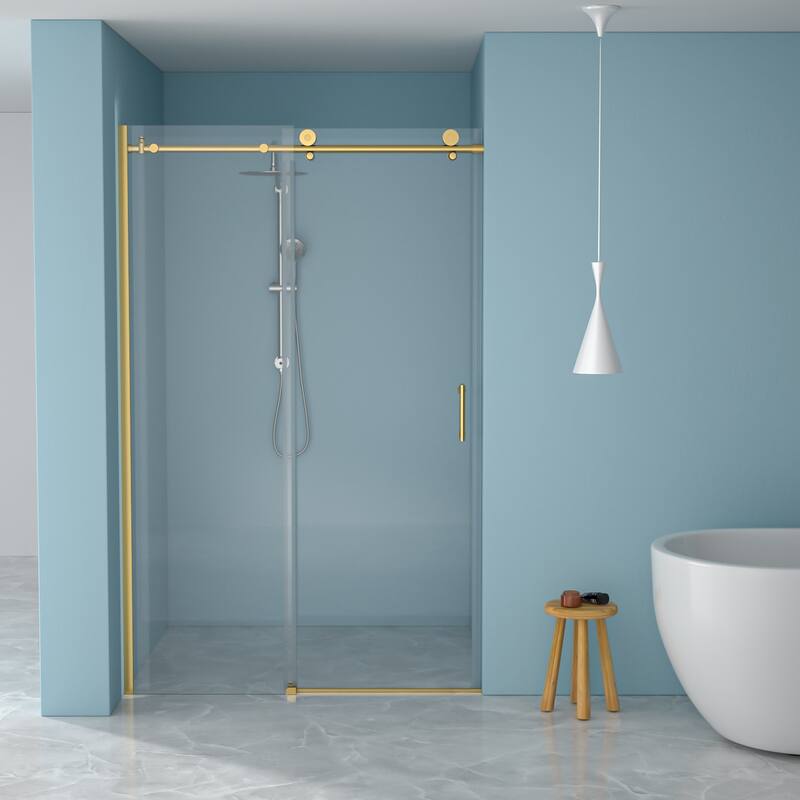 48"W x 76"H Gold Stainless Steel Single-Slide Shower Door with 8mm Tempered Glass – Reversible Left or Right Installation - Clear