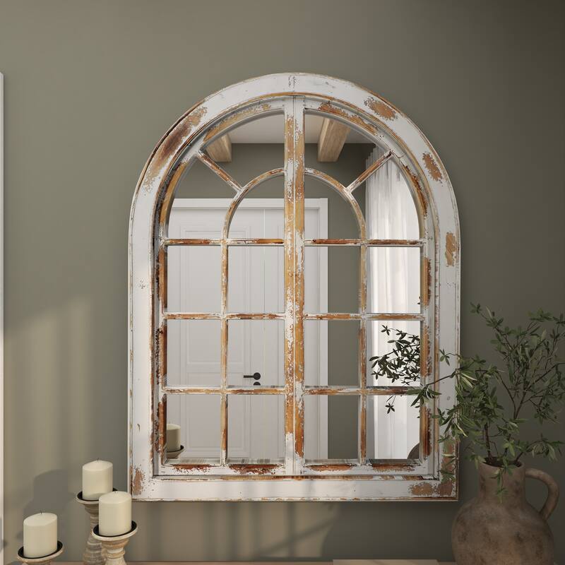 Gray Wood Window Pane Inspired Room Wall Mirror with Arched Top and Distressing