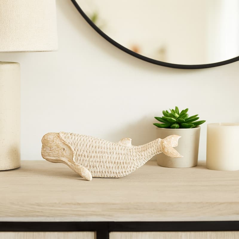 Modern Resin Whale Figurine Sculpture - 16", White & Brown - 16.0"