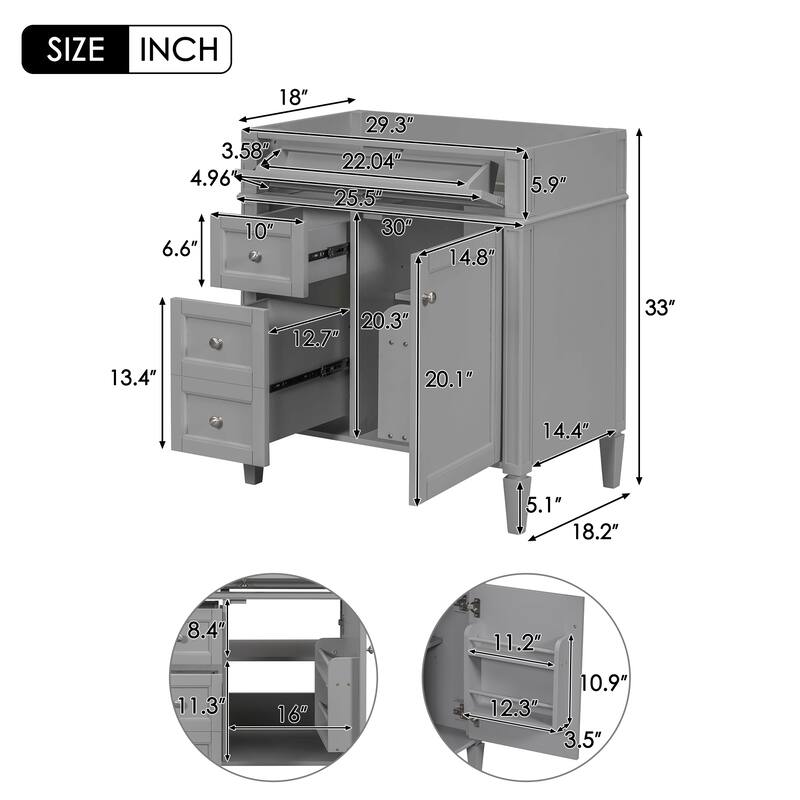 29" Bathroom Vanity with 2 Drawers and Tip-out Drawer (No Sink)