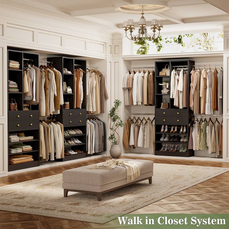Closet Organizer with 5 Hanging Rods and 2 Drawers, Adjustable Closet System with Shelves and Shoe Rack