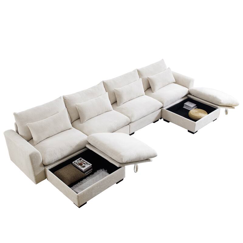 GDFStudio - Winslow Corduroy 4 Seater Sofa Couch with 2 Storage Ottomans and Pillows