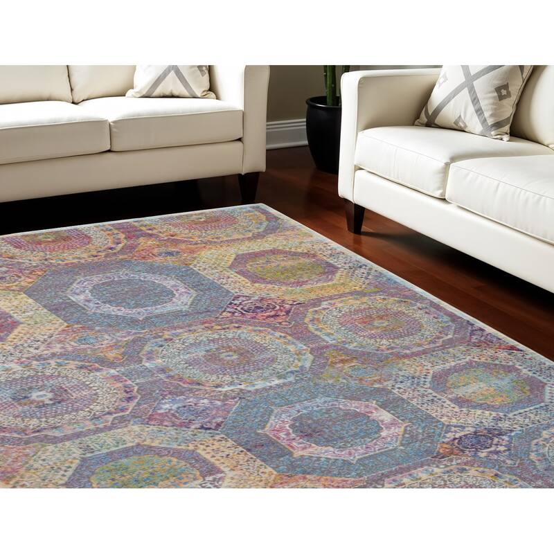Foyew Power Loomed Distressed Geometric Modern Non Skid Area Rug By HomeRoots - 118' X '94' X '0.5 - 118' X '94' X '0.5 - Oxford Blue - Rectangle