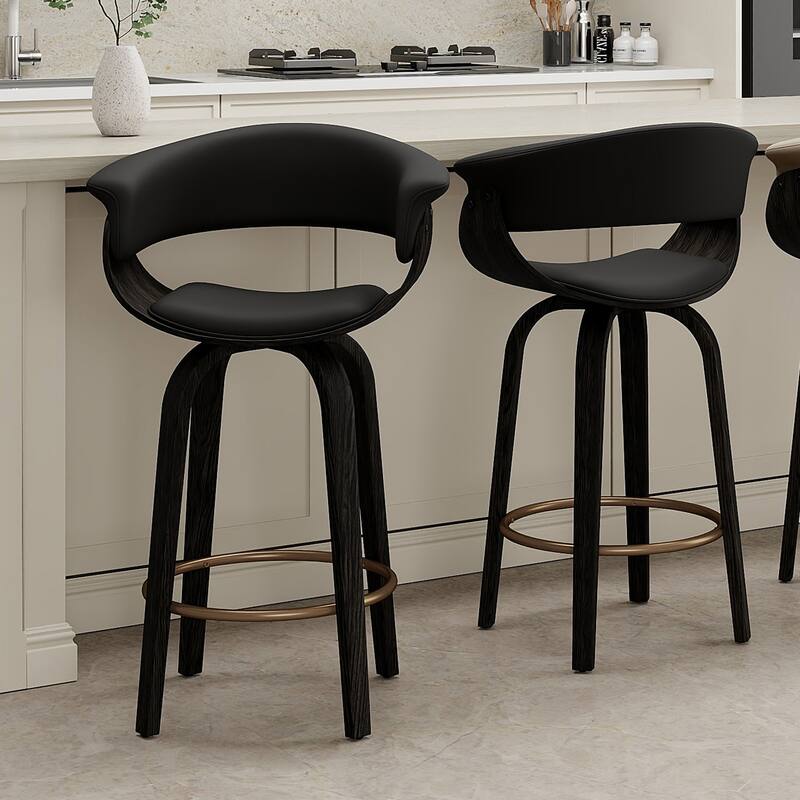 Mid-Century Modern Faux Leather & Bentwood 26" Counter Stool with Swivel, Set of 2