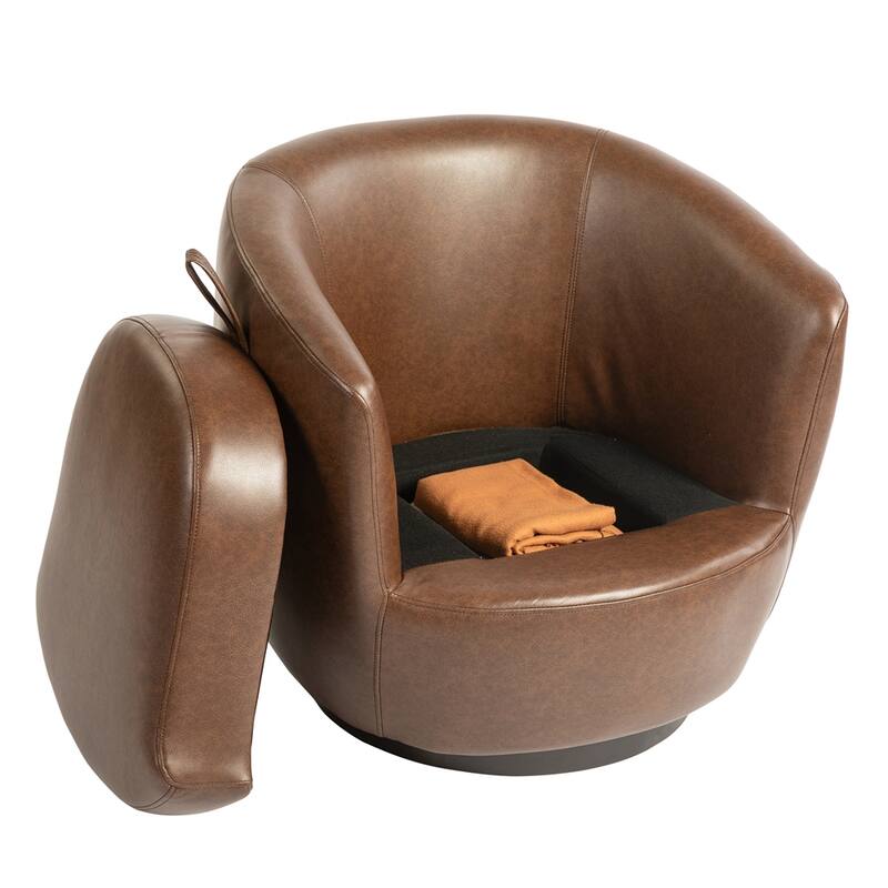 Upholstered Swivel Barrel Armchair with Storage and Metal Base