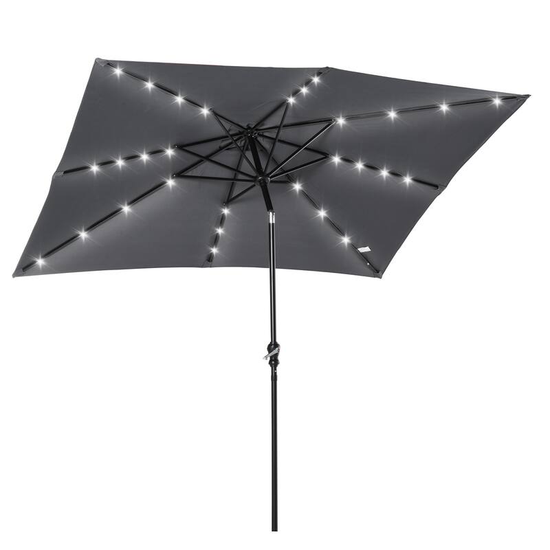 9' x 7' Solar LED Patio Umbrella with Tilt & Crank for Outdoor Shade and Light - Grey