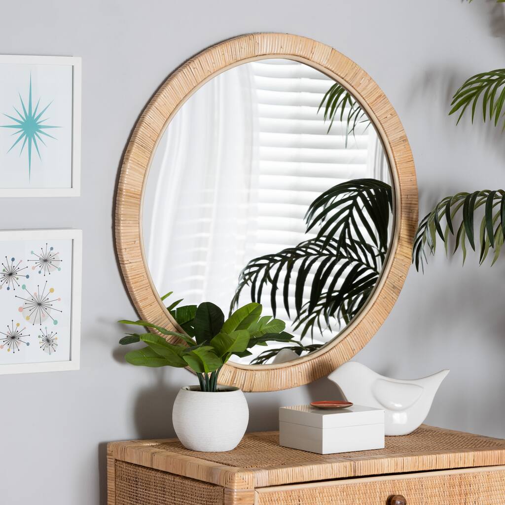 Bella Modern Bohemian Natural Brown Mahogany Wood and Natural Rattan Round Mirror - Natural Brown
