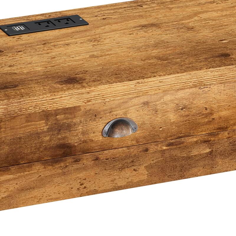 3-Drawer Long Dining Table Set with Power Outlets, Bar Kitchen Table Set with Circular PU Stools, Brown Gray Table+Black Stool