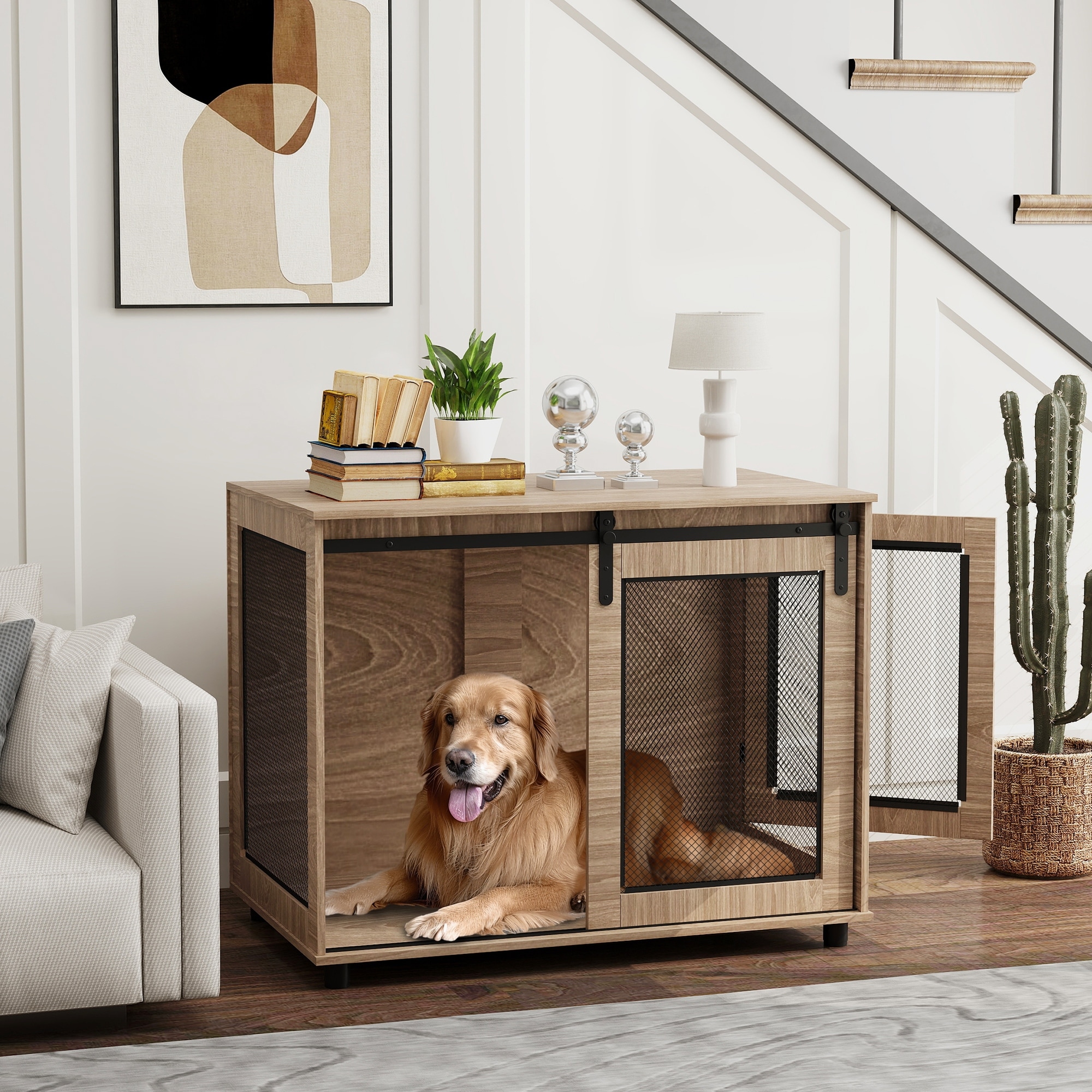 PawHut Dog Crate Furniture End Table With Removable Cushion | Large Wooden Wire Cage For Dogs (39 Inch) | Beagle, Border Collie Size