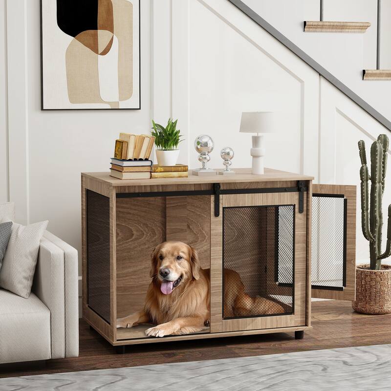 PawHut Dog Crate Furniture End Table With Removable Cushion | Large Wooden Wire Cage For Dogs (39 Inch) | Beagle, Border Collie Size