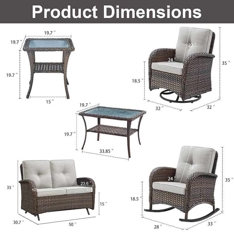 2 Rocking Glider, 2 Swivel Chairs, 1 Loveseat Glider with Coffee Table - Brown