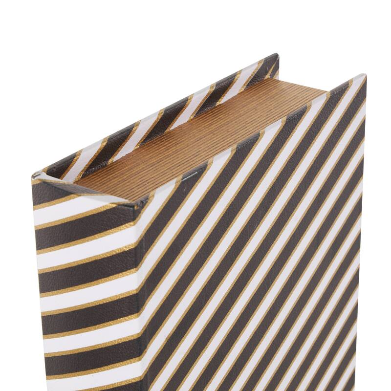 Faux Leather Striped Faux Book Storage Box with White and Metallic Gold Accents - Set of 3 Black - Roche River Decor