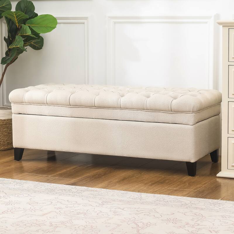 Adeco Linen Rectangle Storage Ottoman for Living Room Bedroom - Off White
