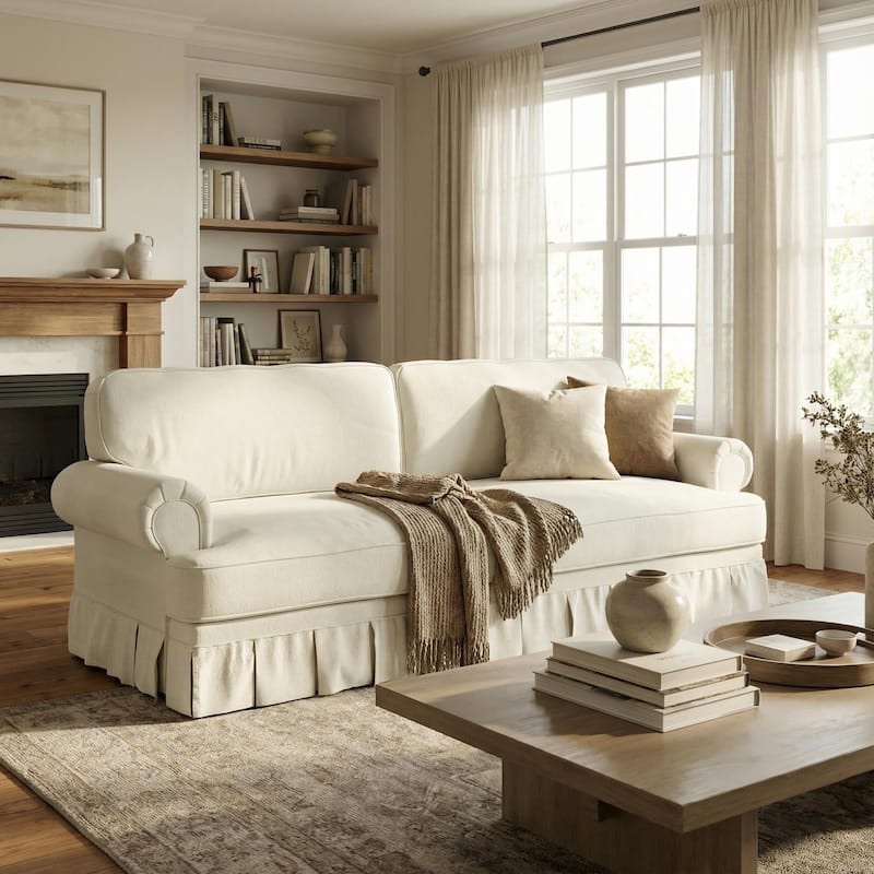 Homy Casa 3/4-Seater Chenille Cloud Sofa with Rolled Arms & Pleated Skirt, Extra Deep Seat, Multiple Colors - 3 - Beige