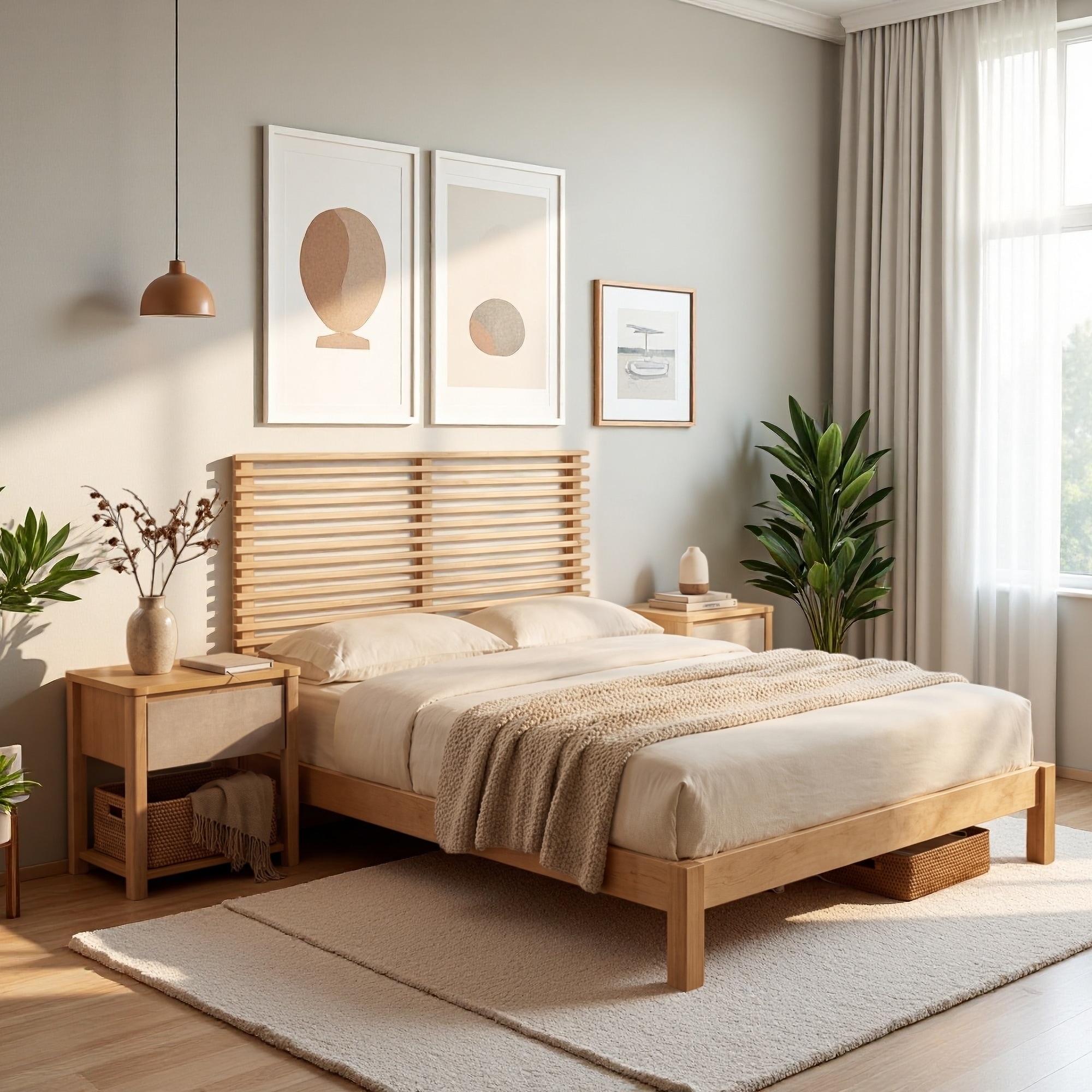 Solid Wood Platform Bed with Horizontal Slat Headboard and No Box Spring Needed
