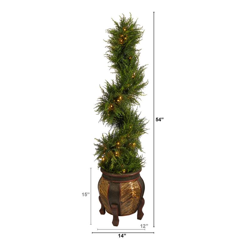 Artificial Spiral Tree with Lights - 4.5ft Indoor Outdoor Decorative Tree in Planter - Green - 51-60 Inches