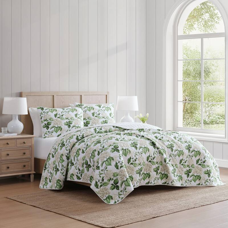 Martha Stewart Hydrangea Floral Beige Cotton Reversible Quilt Set