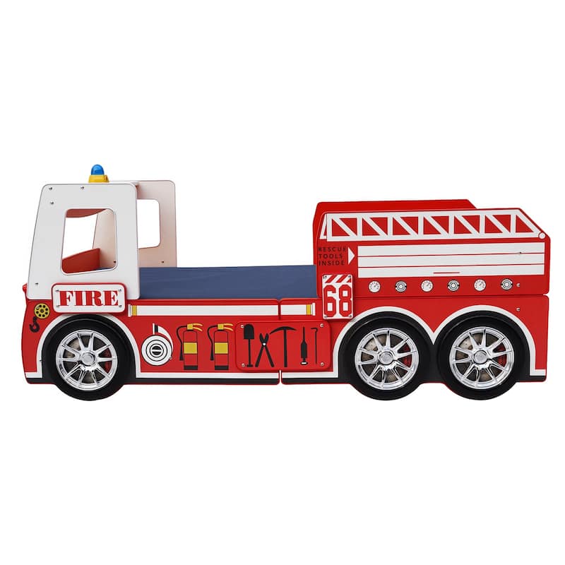 Kids Fire Truck Floor Bed with LED Light, Twin Size, Easy Assembly, Solid Construction