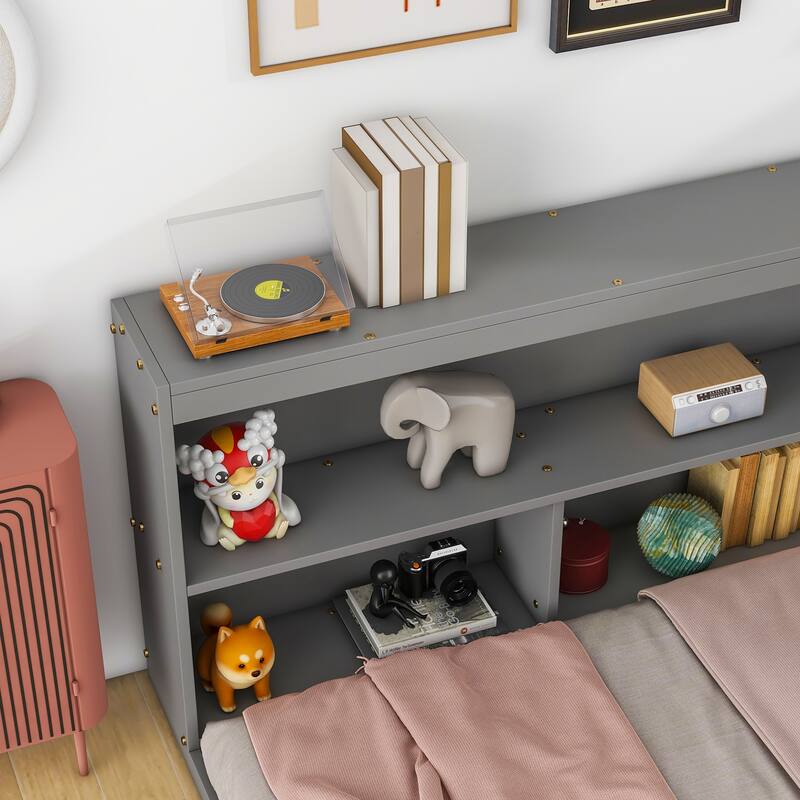 Floor Bed with L-shaped Bookcases - Grey