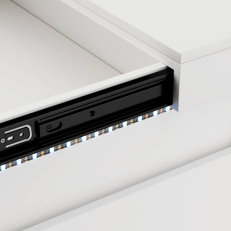 White Accent Table Nightstand with Charging Station and LED Lights, End Table Side Table with Drawers