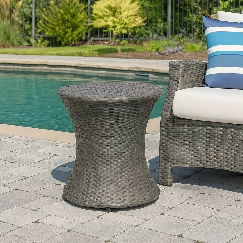 Loco Outdoor Side Table, Hourglass Shape, Round 20 Inch, Gray Rattan