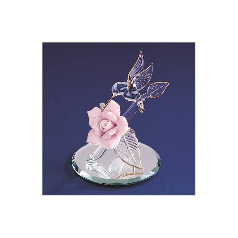 Curata Romantic Hummingbird and Pink Porcelain Rose Handcrafted Glass Figurine - 1.5" x 1.5" x 2"