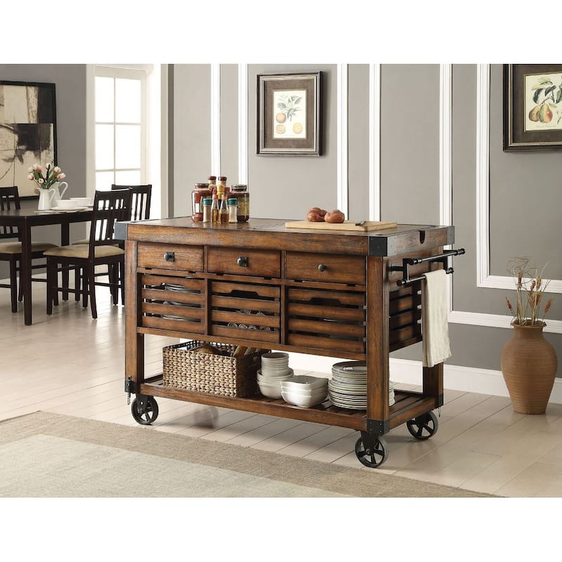 Lizzy Distressed Chestnut 3-Basket Kitchen Cart