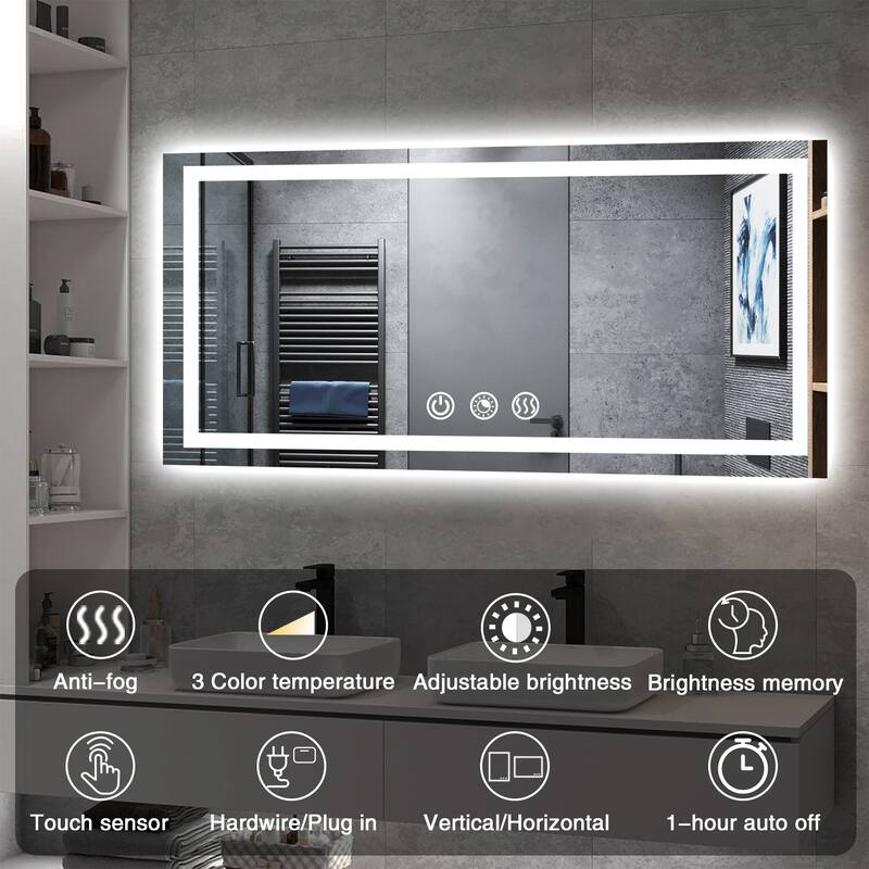 FTL Large LED Bathroom Vanity Mirror Wall Mounted Dimmable Anti-fog,Frameless,3-Color - 32×24in