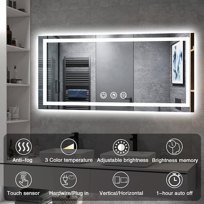 LED Bathroom mirror with Light,Dimmable 3 Colors Temperature Anti-fog Wall Mounted LED Bathroom Mirror(Frontlit & Backlit)