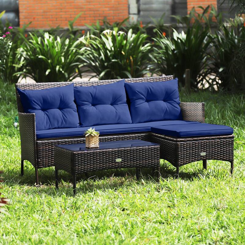 Gymax Set of 3 3-Seat Sofa Cushioned Table Rattan Furniture Set Garden