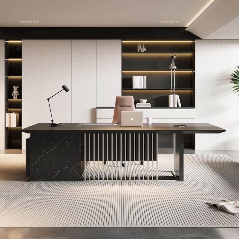 WESOME 86.6inch Large L Shaped Executive Desk with Power Outlet Wireless Charging - 86“ - Black Right Return