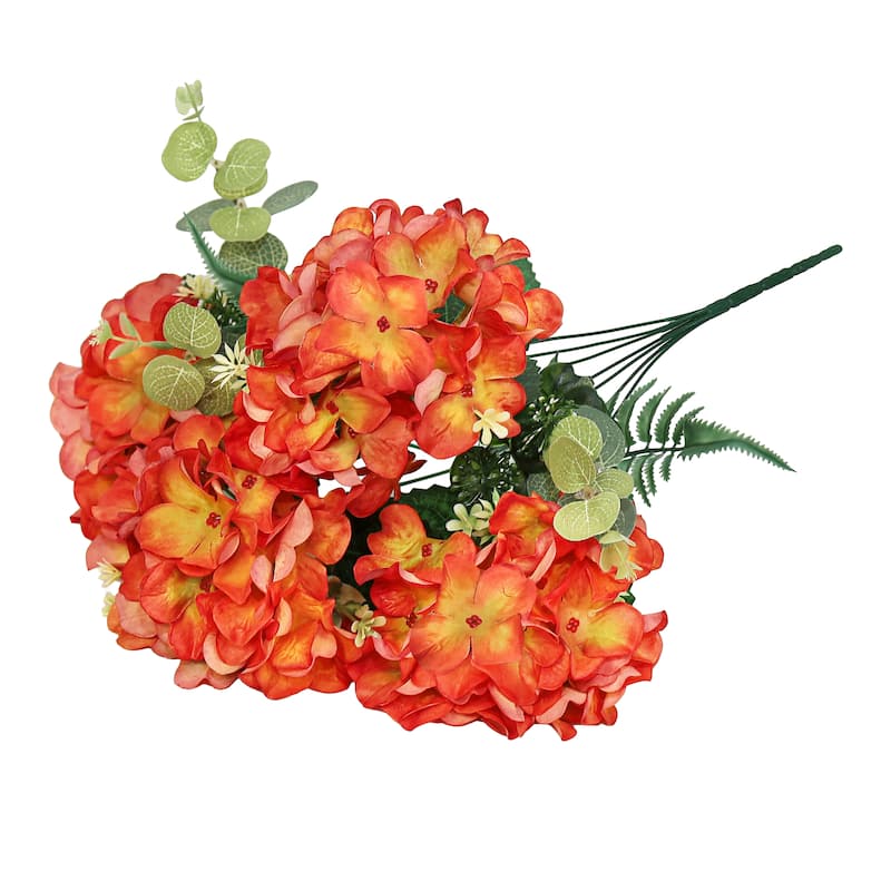 Set of 2 Red Orange Artificial Hydrangea Flower Stem Bush Bouquet 19in - 19" L x 12" W x 12" DP