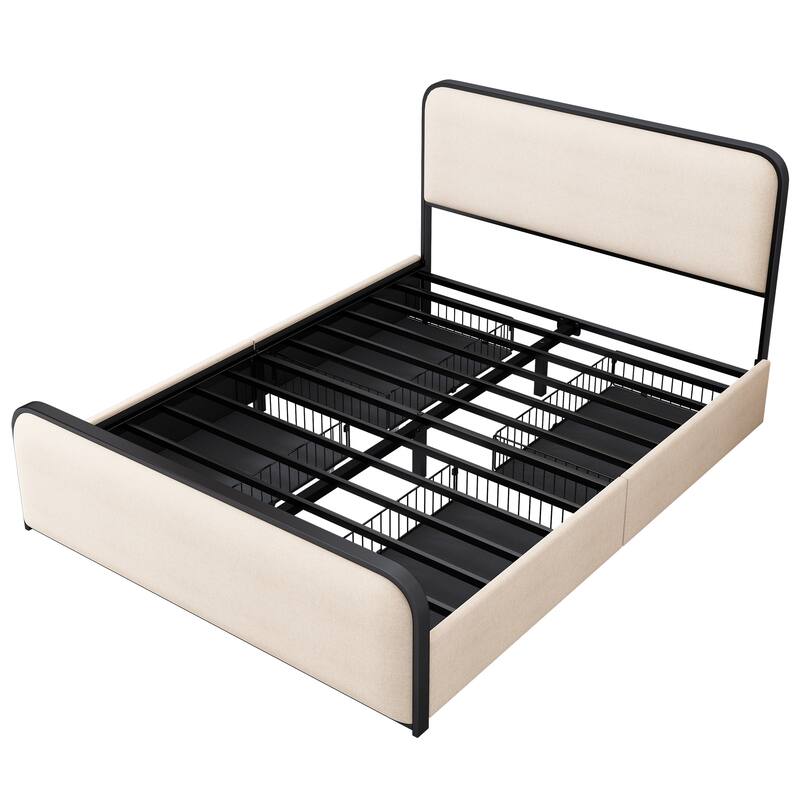 Upholstered Queen/ King Platform Bed, Metal Bed Frame with Curve Upholstered Headboard, Footboard, Heavy Duty Metal Slats